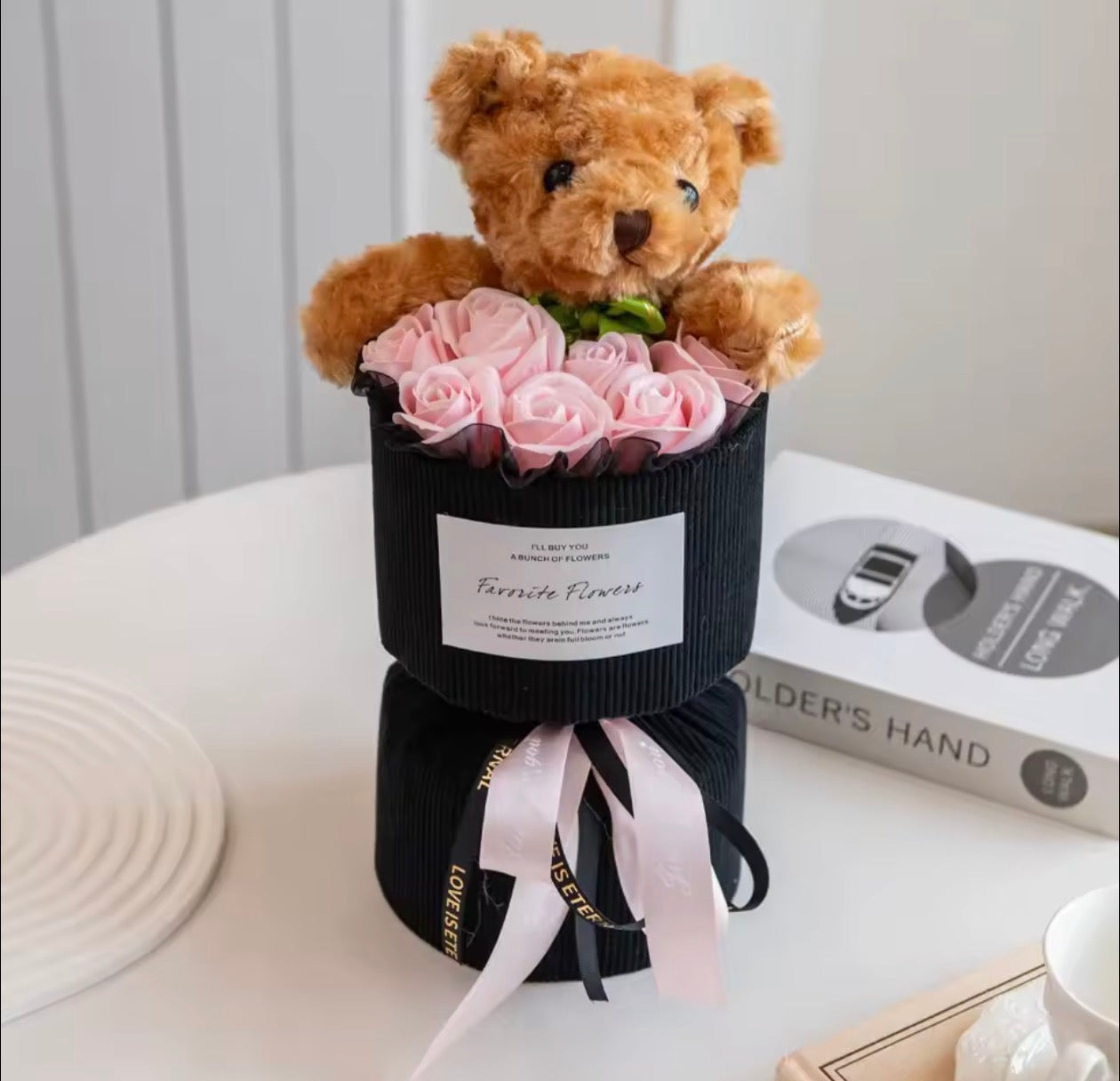 Rose Bouquet with Cute Bear Artificial Flower